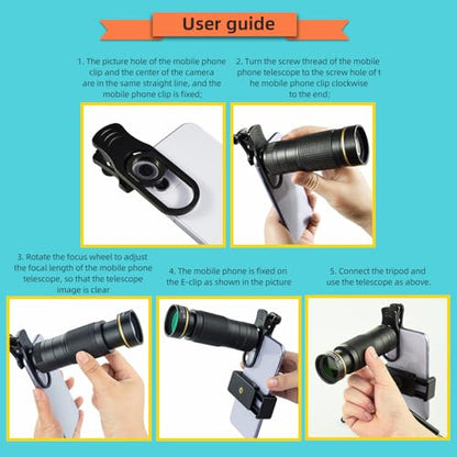 Andoer 36X Telephoto Lens Kit with Mini Tripod, Phone Clip, Holder, Lens Bag, Cleaning Cloth for Hiking, Camping, Wildlife Observation, Moon, Sports, Game, Concert Watching - color: Blue