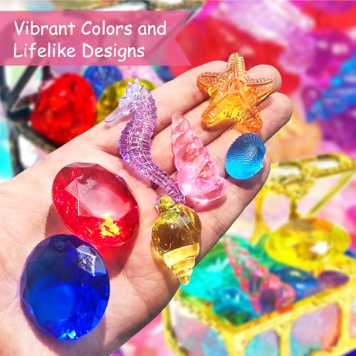 60Pcs Diving Gems Pool Toys Big Colorful Diamonds Set with Treasure Chest - color: Gold Bronze Chest + Shells Gems