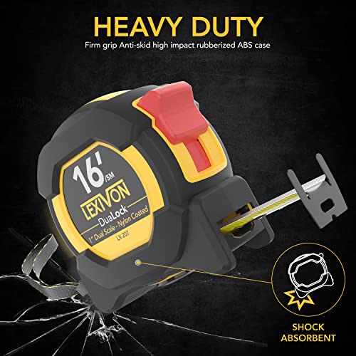 LEXIVON 16Ft/5m DuaLock Tape Measure | 1-Inch Wide Blade with Nylon Coating, Matt Finish White & Yellow Dual Sided Rule Print | Ft/Inch/Fractions/Metric (LX-207) - size: 4.9 m