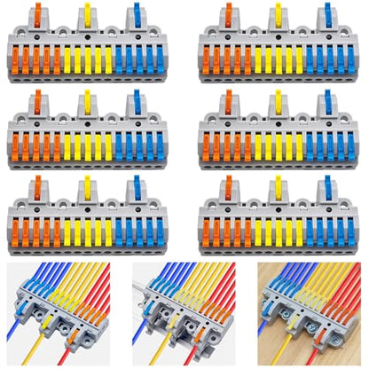 CESFONJER 3-in-15-out Terminal Block Kit (6 Sets), High-Capacity Lever Wire Connectors, Triple Input to Fifteen Output, DIN Rail & Screw Fix, applies to 28-12AWG cable - color: set3