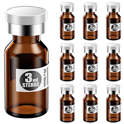 Ks-Tek Sterile Empty Vials with Self Healing Injection Port,with Aluminum Plastic Cap,Sterile Package (3ml Amber,10) - size: 3ml Amber