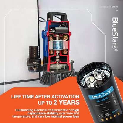 [2025 Upgraded] BlueStars 88-108 uF MFD 220-250VAC Motor Start Capacitor - size: 88-108 MFD 220-250 VAC