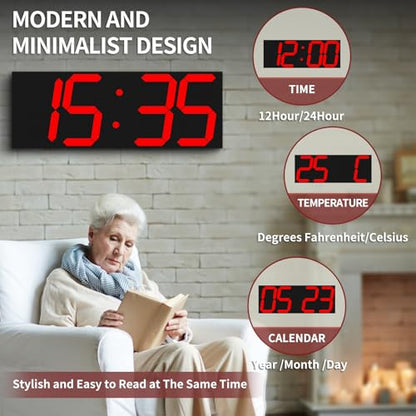 CHKOSDA 18.7‘’Large Digital Wall Clock,LED Digital Clock with Big Number,Multi-Function Remote Controlled Wall Clock with Timer, Alarm and Calendar Display(Red) - color: Red