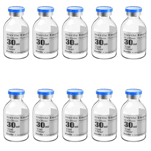 30ml 10pcs Sterile Empty Vial with Plastic Aluminum Caps，Penicillin Bottle 20mm Crimp Top Sterile Transparent Borosilicate Lab Sample Vial (Transparent) - size: 30ml 10pcs