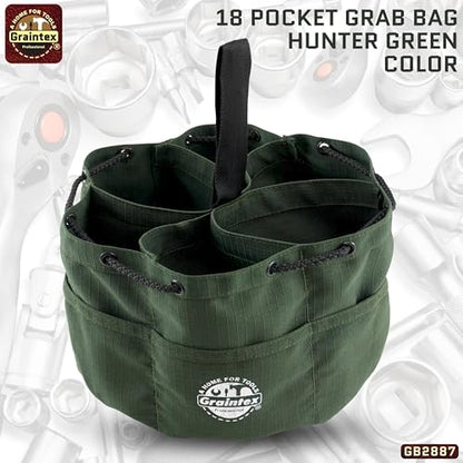 Graintex GB2887 Grab Bag Dark Green Color Rip-Stop Canvas 18 Pockets Drawstring Closure - color: Hunter Green
