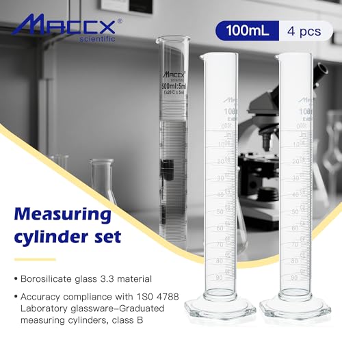 100ml Sturdy Glass Graduated Cylinder, 4PCS of Cap.100ml/±1.0ml Borosilicate 3.3 Glass Measuring Cylinders, Class B, MCG100-004 - size: 4PCS of Vol.100ml