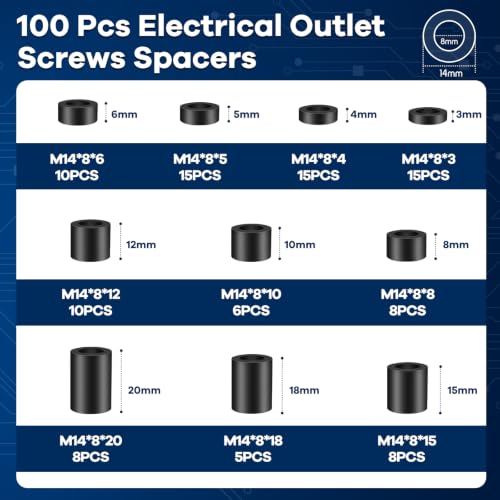 100Pcs M8 Plastic Spacers for Screws, Non-Threaded Plastic Round Spacer Assortment Kit, High-Strength Standoffs for Electrical Outlets, 3D Printers, ID 8mm OD 14mm, 3mm to 20mm Lengths,Black - size: M8 100pcs