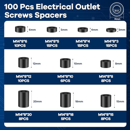 100Pcs M8 Plastic Spacers for Screws, Non-Threaded Plastic Round Spacer Assortment Kit, High-Strength Standoffs for Electrical Outlets, 3D Printers, ID 8mm OD 14mm, 3mm to 20mm Lengths,Black - size: M8 100pcs