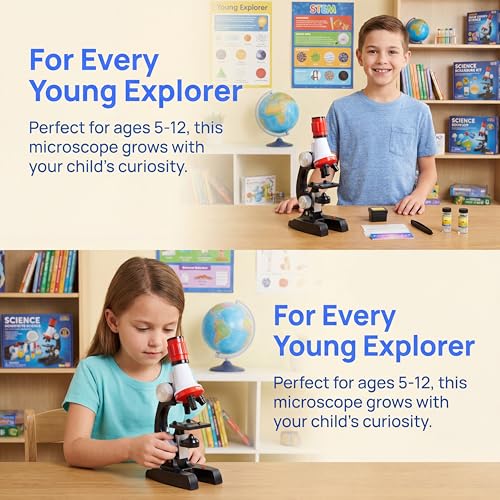 Little World Kids Microscope with LED Light - 100X/400X/1200X Magnification - color: Red