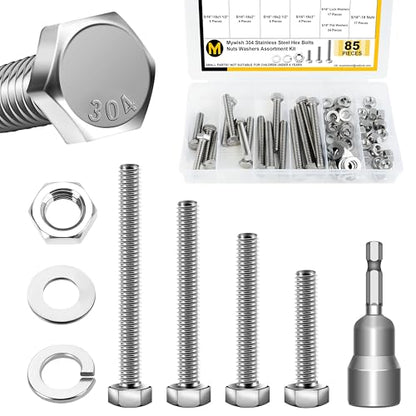 Mywish 5/16 Bolts, 85Pcs 5/16-18 Bolts and Nuts Kit with 1-1/2", 2", 2-1/2", 3" Hex Bolts Kit, 304 Stainless Steel 5/16 Screws Nut and Bolt Assortment Kit with 4 Common Sizes and Cross-Drilled Tail - size: 85 Pcs 5/16 Kit - Silver