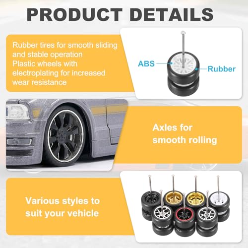 MECCANIXITY 4 Set 1/64 Wheels and Tires Set, Real Riders Rims Includes Axles for RC Diecast Car DIY Model, Branch White Rims