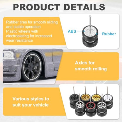 MECCANIXITY 4 Set 1/64 Wheels and Tires Set, Real Riders Rims Includes Axles for RC Diecast Car DIY Model, Branch White Rims