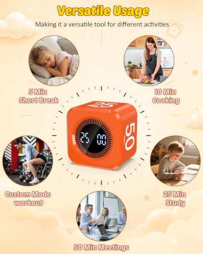 Digital Pomodoro Timer Cube 5/10/25/50min Preset, Silent & Sound Alarm - color: Orange
