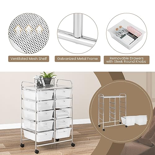 COSTWAY 10 Drawer Rolling Storage Cart, Utility Cart with Lockable Wheels - color: Transparent, size: 10 Drawer