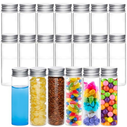 20 Pcs 50ml Glass Test Tubes with Lids, Clear Reusable Test Tube Mini Glass Bottle with Screw Cap, Flat Bottomed Storage Bottle Sample Containers for Flowers Bath Salt Party Wedding Favour - size: 50ml