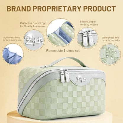 BOYATU Travel Makeup Bag Organizer: 180°Open-Flat 3 Pcs Make up Bags Set - color: 01-D-Green