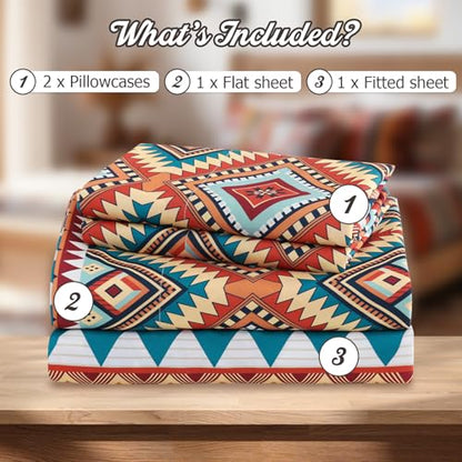 CozySmile 4 Pieces Queen Sheet Set Bohemian, Boho Sheets Soft Microfiber Deep Pocket, Western Sheets Geometric(Queen, Rust Turquoise Diamond) - color: B-rust Turquoise Diamond, size: Queen