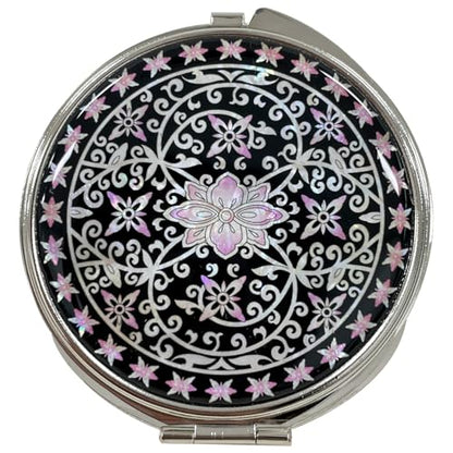 Portable Makeup Compact Double Magnifying Mirror Cosmestic Foldable Pocket Style Unique Mother of Pearl Design (Ivy) - color: Ivy