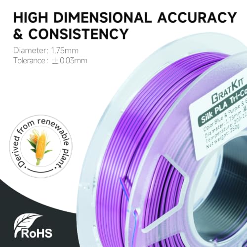Gratkit Silk Tri-Color PLA Filament,1.75mm, +/-0.03mm, 4 * 250G/Roll, 3D Printing Filament Silk Tri 1kg Bundle - color: Silk Tri-blue Purple Black/Red Blue Green/Red Gold Black/Pink Blue Silver Gray