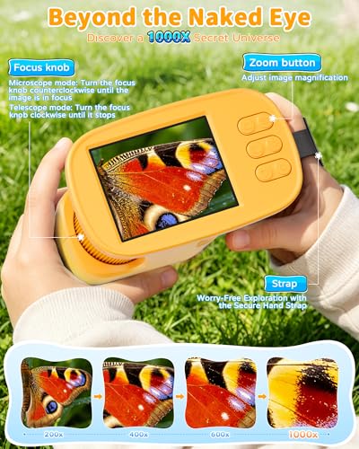 1000X Handheld Microscope for Kids, 4K Digital Kids Microscope Science Kits - color: Yellow