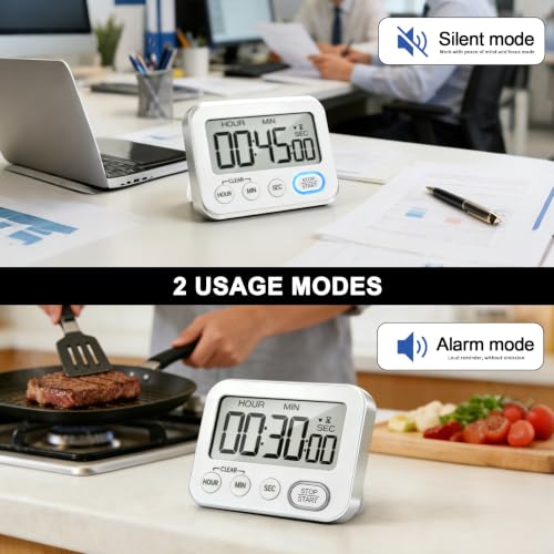Digital Kitchen Timer Magnetic Loud Alarm, Large LCD Screen Silent/Beeping Multi-Function for Teachers Classroom Kids, Silver - color: Silvery