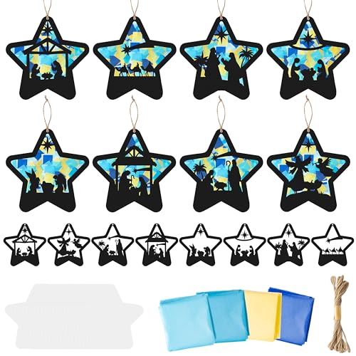 CJiangpo 24 Sets Christmas Nativity Suncatcher Paper Craft Kits, DIY Stained Glass Effect Window Ornament Rainbow Tissue Paper Art Craft for Kid Classroom Activities Christian Religious Party Decor - style: Christmas