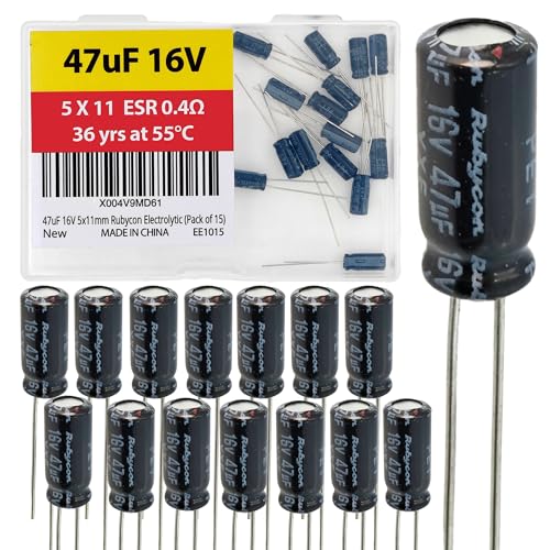 47uF 16V 5X11mm Rubycon Electrolytic Capacitor Low ESR 0.4Ω Long Life 36yrs at 55 Degree C mfd mircofarad Micro Farad Radial Lead Aluminum Capacitors (Pack of 15) - style: 47uF 16V 5X11mm Rubycon