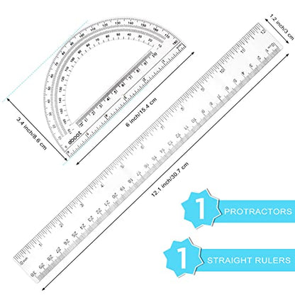 Zonon 2 Pcs 12 Inch Clear Ruler and 6 Inch Plastic Protractor Set, Clear - color: Clear