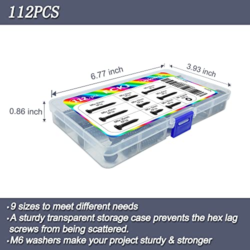 Hex Lag Bolts 112PCS M6 Hex Head Lag Screws Washers Assortment Kit Fully Thread Heavy Duty Hexagon Wood Screw Zinc Plated Black Metric Length Include 16/20/25/30/35/40/45/50/60mm