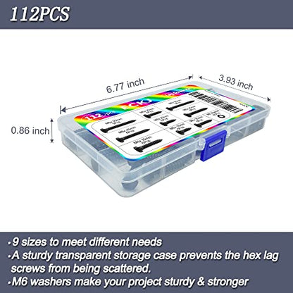 Hex Lag Bolts 112PCS M6 Hex Head Lag Screws Washers Assortment Kit Fully Thread Heavy Duty Hexagon Wood Screw Zinc Plated Black Metric Length Include 16/20/25/30/35/40/45/50/60mm
