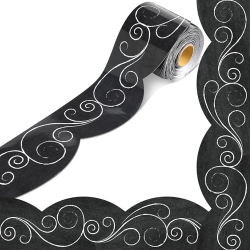 Outus 68 ft Black and White Bulletin Board Border, 2.99 in - size: 2.99 Inches, style: Swirls
