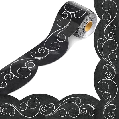 Outus 68 ft Black and White Bulletin Board Border, 2.99 in - size: 2.99 Inches, style: Swirls