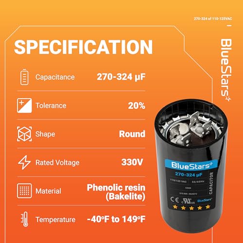 [UL Certified] BlueStars 270-324 uF MFD 110-125 VAC Round Motor Start Capacitor 50/60 Hz AC Electric Replacement Part for AC Motors Starting or Pool Pump or Well Pump - size: 270-324 MFD 110-125 VAC