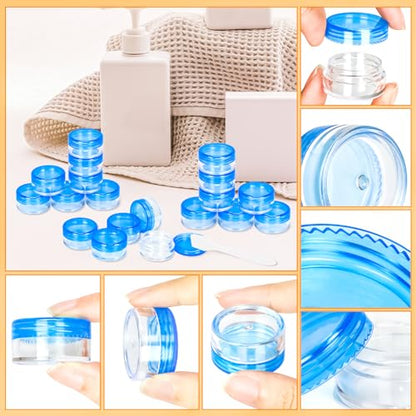 100 Pcs 5g Empty Plastic Containers with Blue Lids,Mini Makeup Sample Containers, Small Sample Pot Jars Round Cosmetic Jars with Mini Spatulas for Liquid Sample Powder Creams Lotions - color: Blue, size: 100PCS