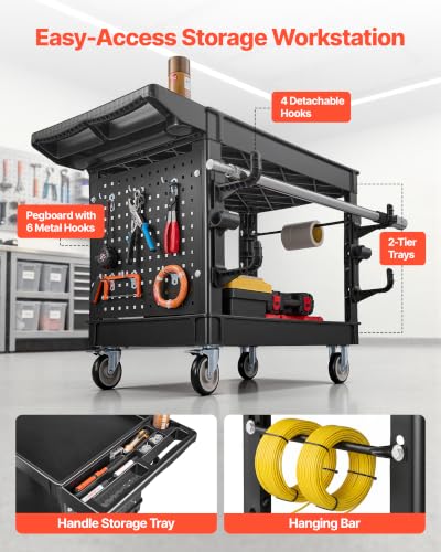 VEVOR Utility Cart with Tray & Pegboard, 44.8 x 24in 2 Tier Service Cart with 360° Swivel & Fixed Wheels (2 Brakes), 550 LBS Work Cart Tub Storage W/Deep Shelves, Tool Storage for Garage Warehouse - size: 44.8 × 24 × 33 in