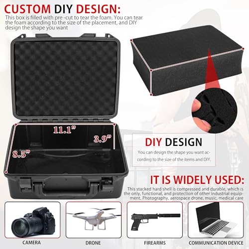 TORIBIO Hard Carrying Case with Foam, Shockproof Storage Box 12"x9.3"x4" - size: 12" x 9.3" x 4"