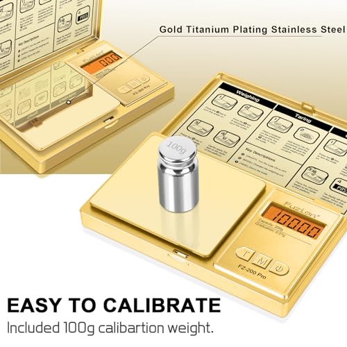 Fuzion Digital Pocket Gram Scale 0.01g x 200g, with 100g Calibration Weight - color: Gold