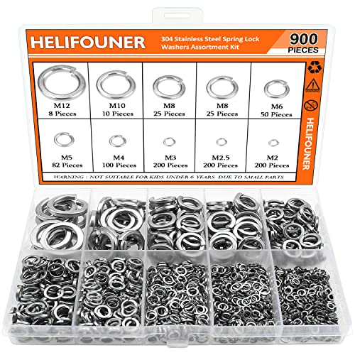 900 Pieces 304 Stainless Steel Spring Lock Washers for Screws Bolts, HELIFOUNER Lock Washers Assorted Kit, Stainless Steel Lock Washers, Lock Metal Washers (M2 M2.5 M3 M4 M5 M6 M8 M10 M12) - color: Silver, size: Lock Washers Assortment Kit