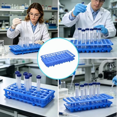 BIGLEE 6 Pack Test Tube Rack for Science Labs, 5-15ml Tube Holder, Pre-Assembled Classroom Equipment, Transparent DIY Craft Station, Ready Sample Rack (50 Port, Dark Blue)