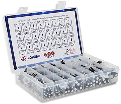 Electrolytic Capacitor Assortment Kit Box By Loreso 600pcs 24 Value - Electrolytic Capacitors 0.1uf to 1000uf 50V, for Aurdiono Hobby Electronics, Audio-Video Project Electronic Repair - style: Electrolytic Capacitors