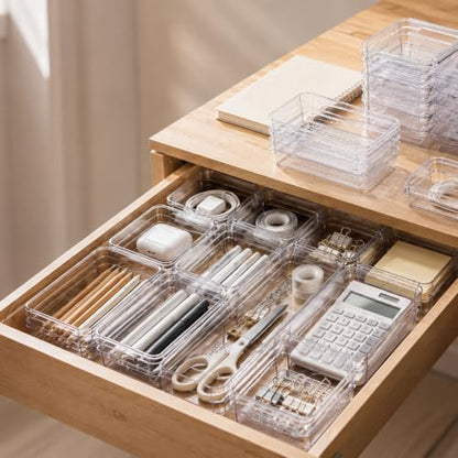 Adjustable Drawer Organizer, 15 Clear Desk & Craft Tool Bins, Extendable