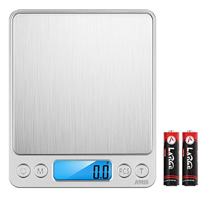 AMIR Digital Kitchen Scale, 3000g 0.01oz/ 0.1g Pocket Coffee Scale, Mini Food Scale, Pro Electronic Jewelry Scale with Back-Lit LCD Display, Tare & PCS Functions, Stainless Steel, Batteries Included - color: Silver