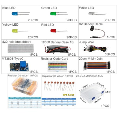 Electronics Kit for Arduino, Breadboard, LEDs, Resistors, Boost Module