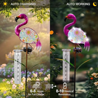 42" Flamingo Rain Gauge Outdoor, Solar Rain Gauges with White LED Lights - color: Pink - Flamingo