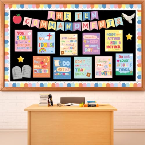 Ten Commandments Bulletin Board Set Christian Bible Verse Classroom Decor Pastel Rainbow Inspirational Religious Scripture Cutouts for Back to School Party Classroom Home Chalkboard Wall Door Decor - style: Pastel Rainbow Ten Commandments