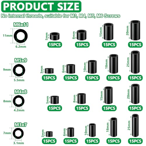 270PCS Black M3-M6 Nylon Spacers Kit, 18 Sizes- 3mm, 5mm, 6mm, 8mm, 10mm, 18mm, 20mm, 25mm Length for M3-M6 Screws, Non-Threaded Round Plastic Spacers Suitable for Switch & Receptacle Screws - color: Black, size: 270PCS (M3-M6)