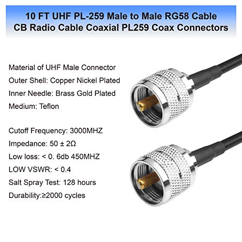 RG58 Coax Cable - 10FT (3M) Low Loss UHF PL-259 Male to Male for CB, VHF, HF 50 ohm - size: 10FT(3M)-1Pcs