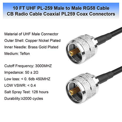 RG58 Coax Cable - 10FT (3M) Low Loss UHF PL-259 Male to Male for CB, VHF, HF 50 ohm - size: 10FT(3M)-1Pcs