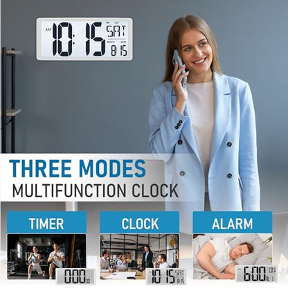 TXL 18.44" Large Digital Wall Clock with Backlight, Battery Operated Alarm Clock with Day, Date & Temperature, Jumbo Display Digital Count Up Down Timer Clock for Hoom,Classroom Room,Office - color: White Backlight-18.44in