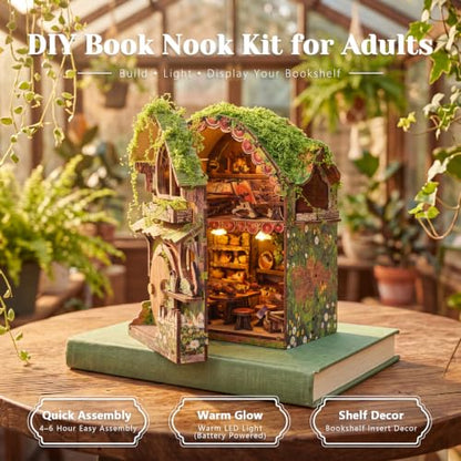 BOOZUU Greenhouse Book Nook Kit with Light, Fairy Garden Miniature House